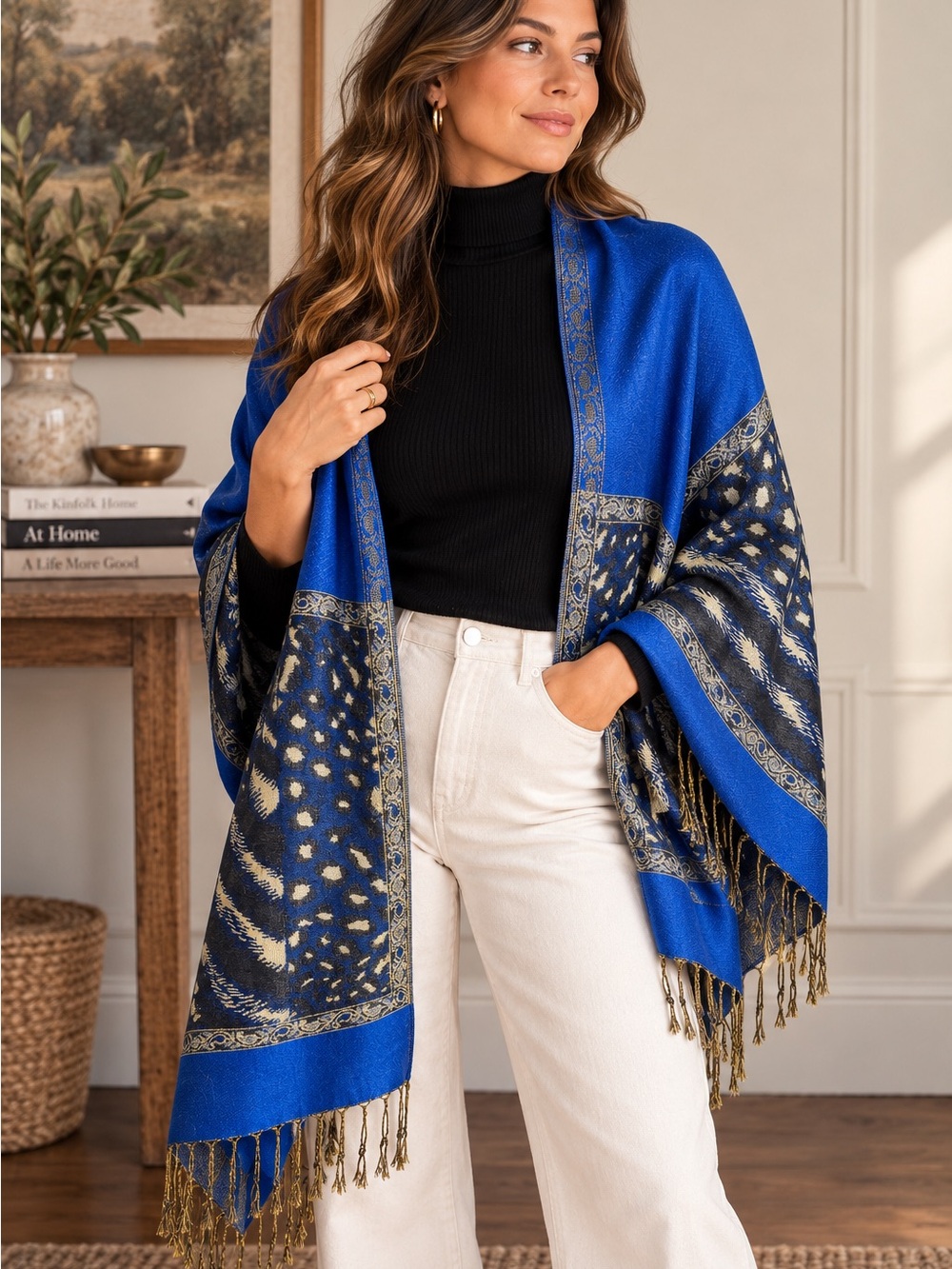 Boutique Jenny Wooh NWT Pashmina Silk Animal Print Fringe Shawl Wrap Blue